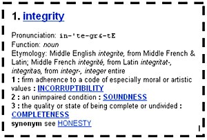 Screenshot of the dictionary entry for the word integrity